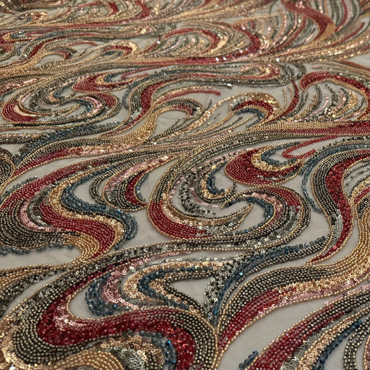 High - Quality Luxury Beaded Fabric with Multicolour Patterns - TumaCouture
