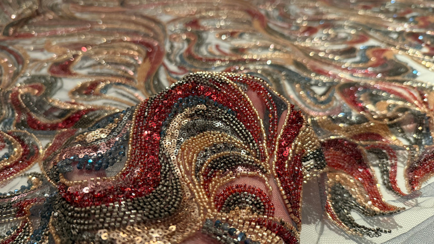 High - Quality Luxury Beaded Fabric with Multicolour Patterns - TumaCouture