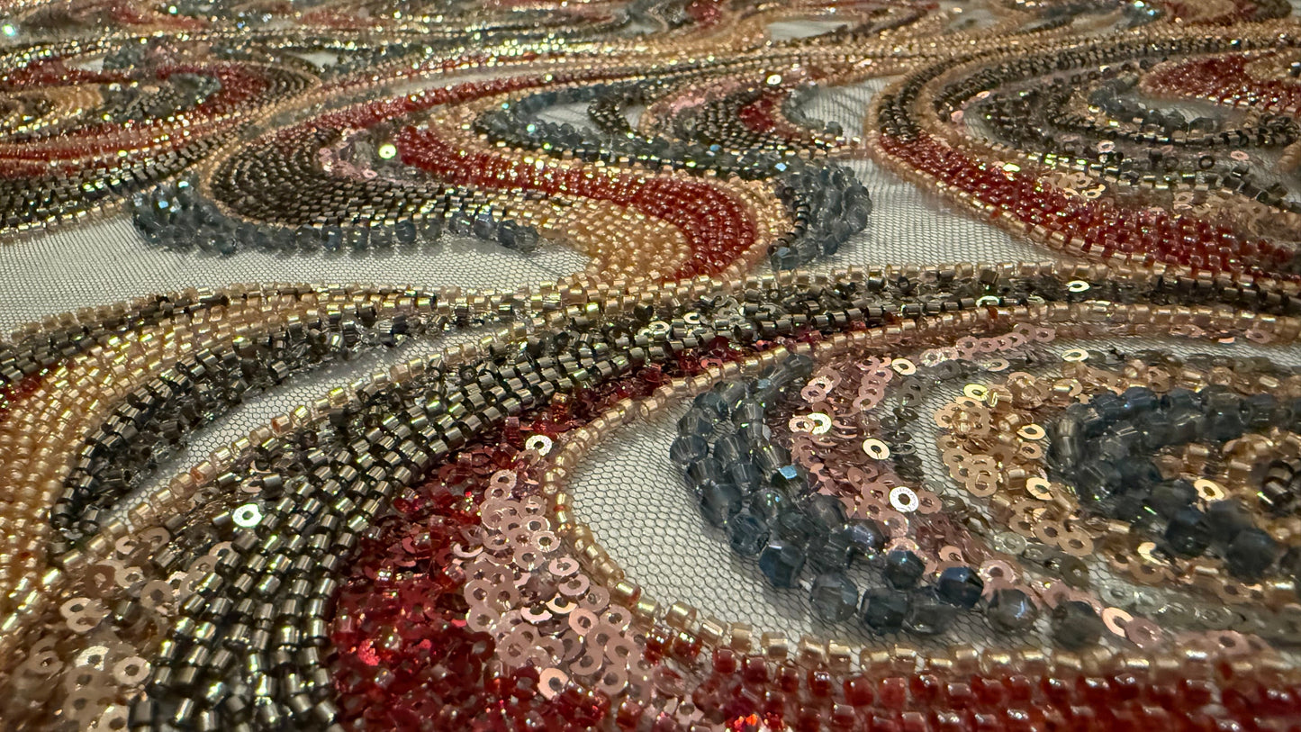 High - Quality Luxury Beaded Fabric with Multicolour Patterns - TumaCouture