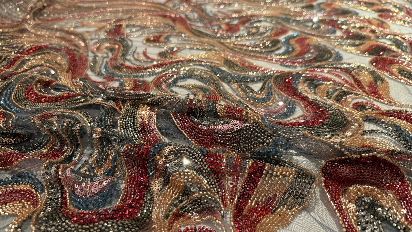 High - Quality Luxury Beaded Fabric with Multicolour Patterns - TumaCouture