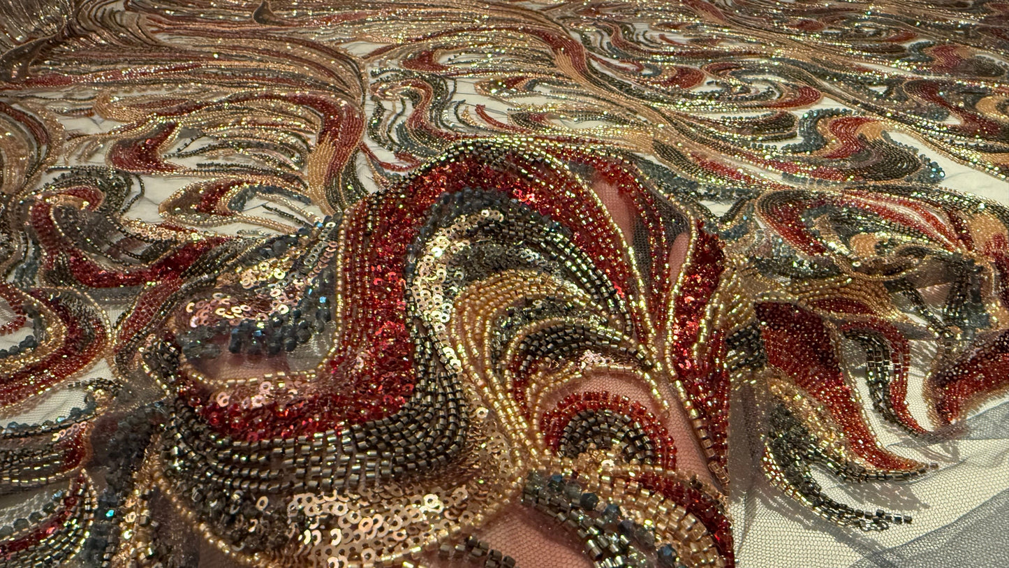 High - Quality Luxury Beaded Fabric with Multicolour Patterns - TumaCouture