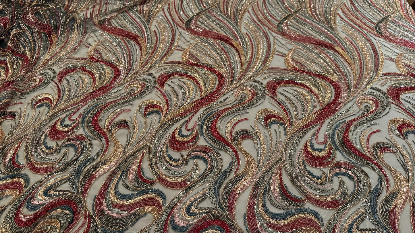 High - Quality Luxury Beaded Fabric with Multicolour Patterns - TumaCouture