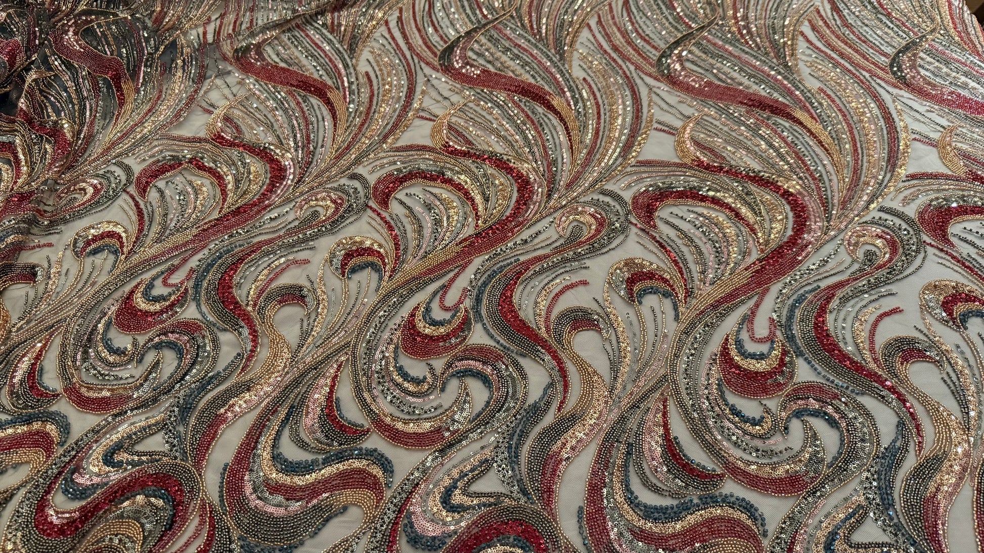 High - Quality Luxury Beaded Fabric with Multicolour Patterns - TumaCouture