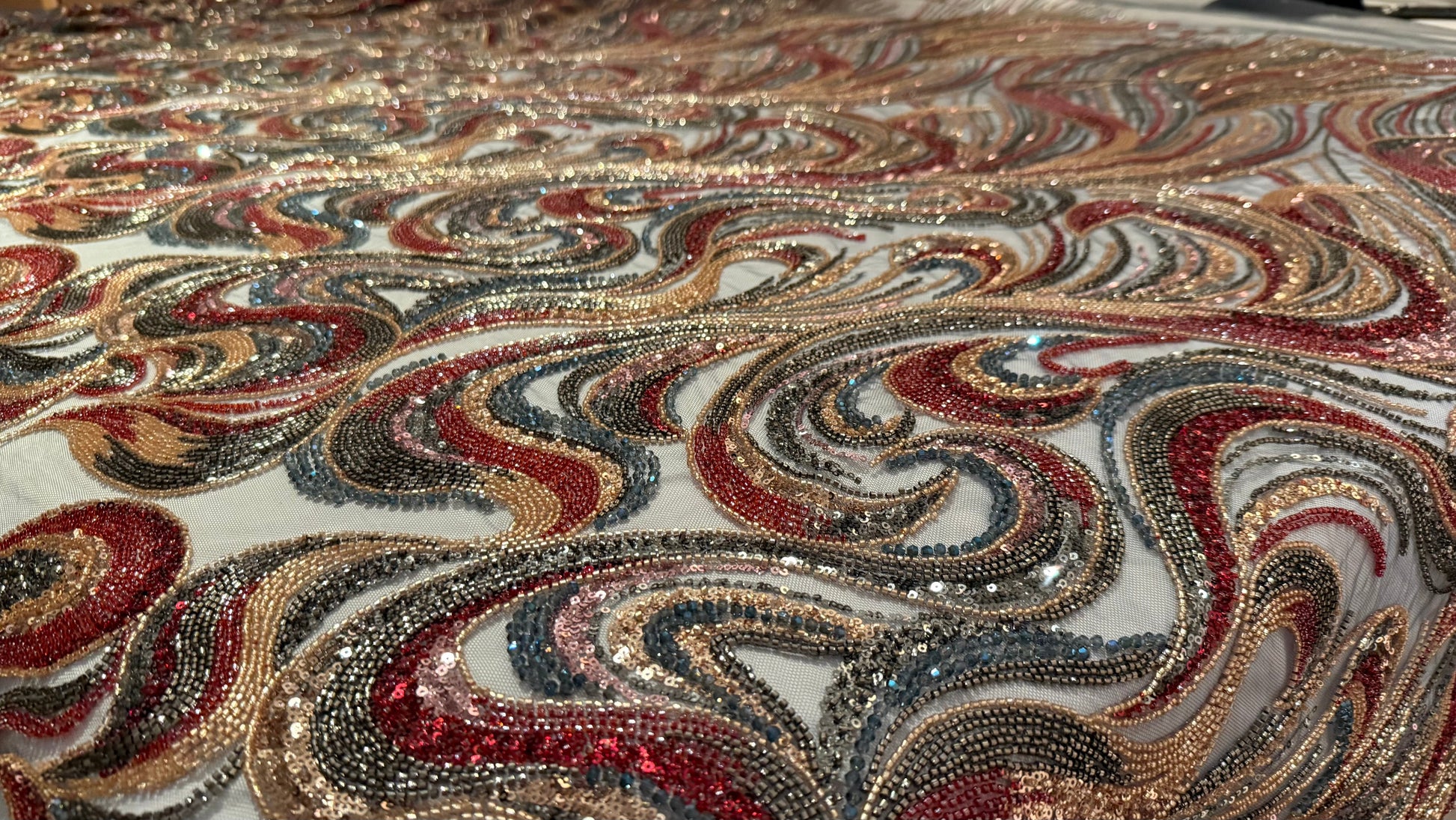 High - Quality Luxury Beaded Fabric with Multicolour Patterns - TumaCouture