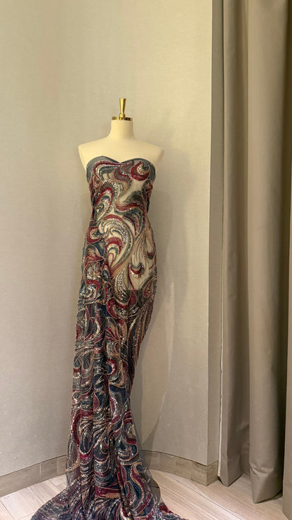High - Quality Luxury Beaded Fabric with Multicolour Patterns - TumaCouture