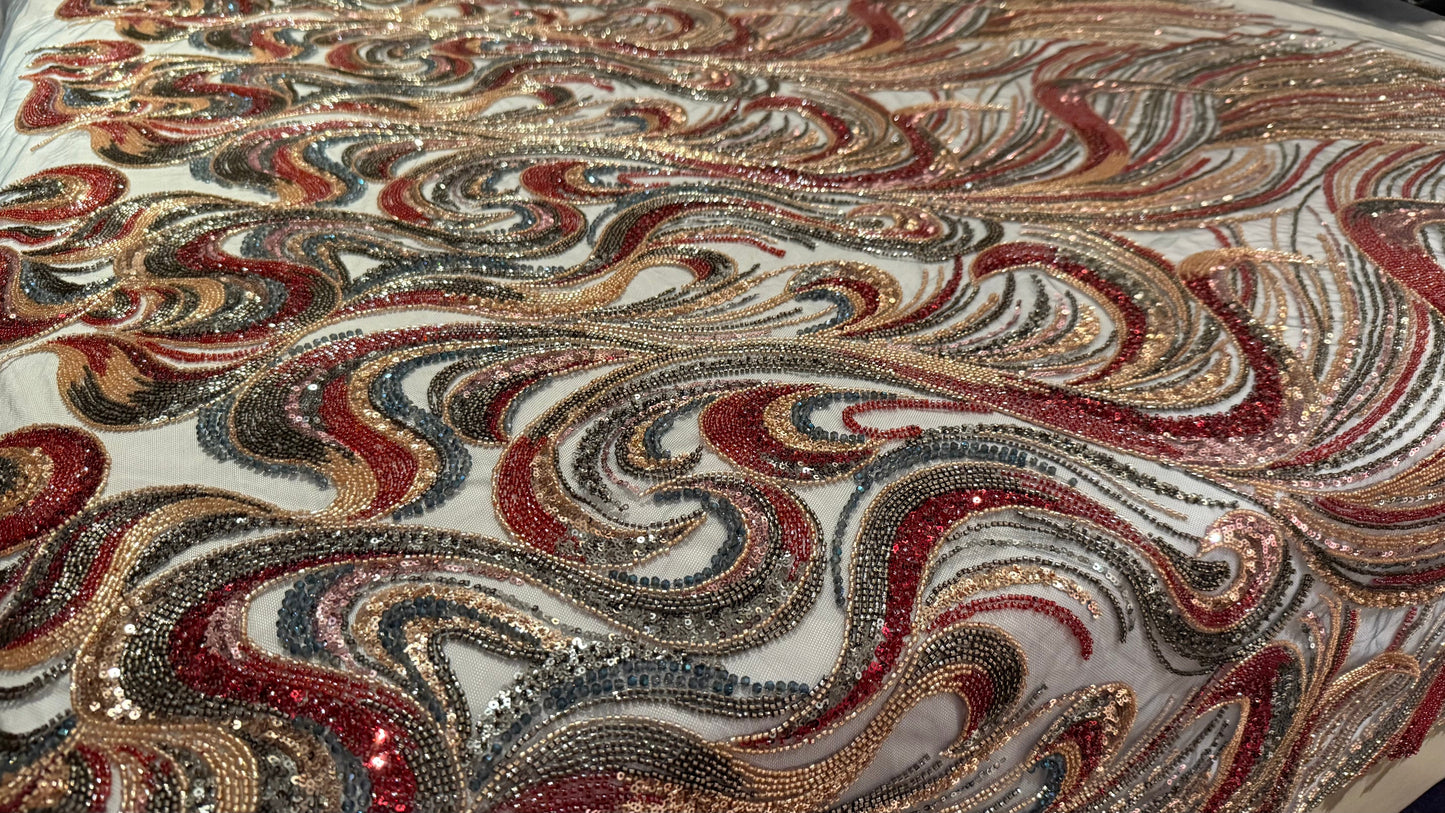 High - Quality Luxury Beaded Fabric with Multicolour Patterns - TumaCouture