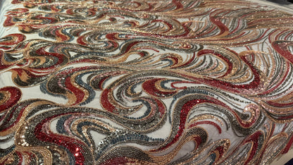 High - Quality Luxury Beaded Fabric with Multicolour Patterns - TumaCouture