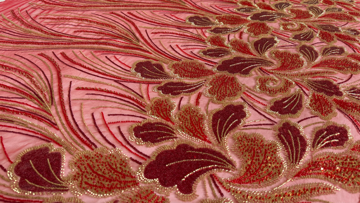 Luxury Beaded Fabric – Red with Gold Design - TumaCouture