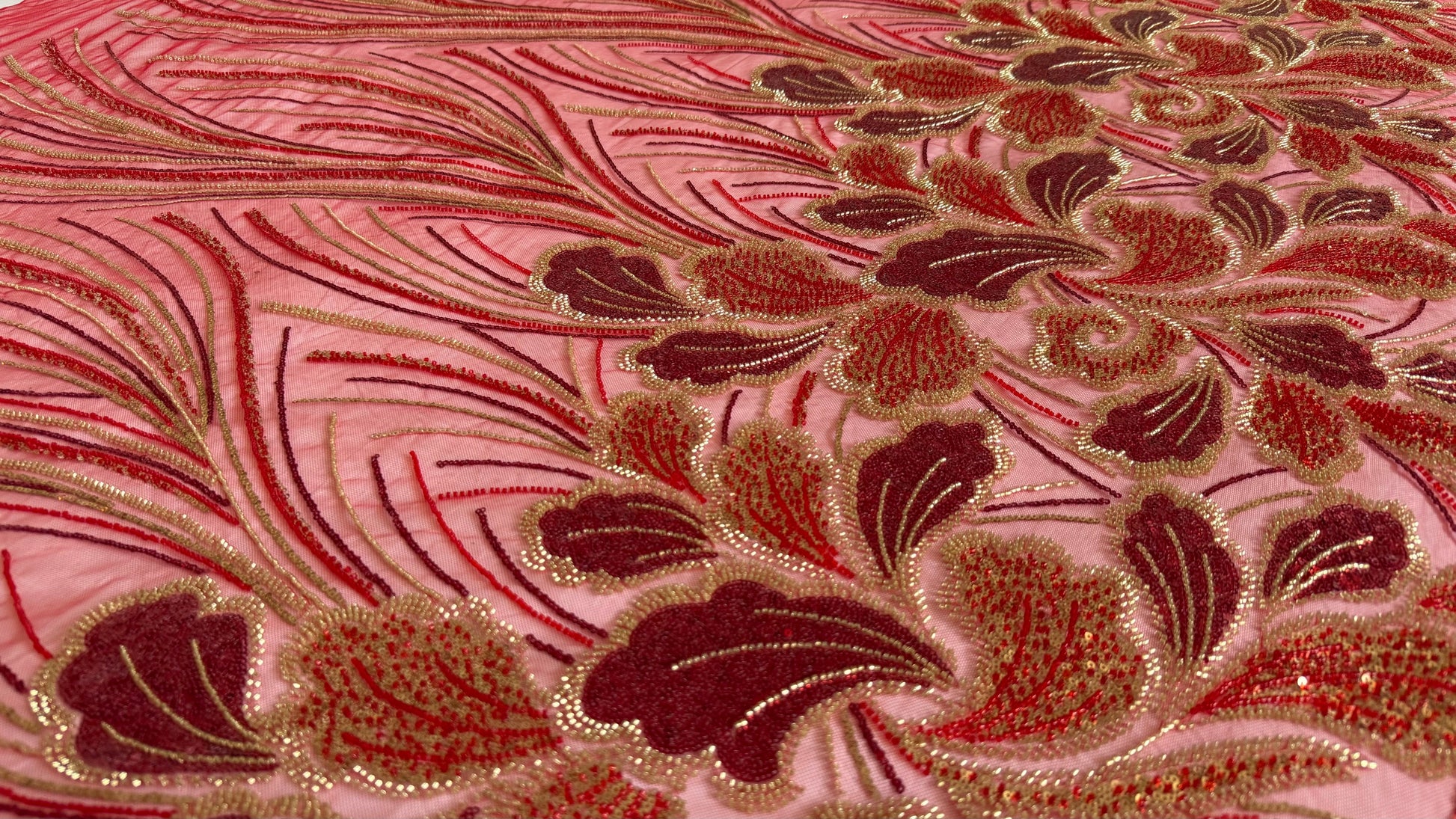 Luxury Beaded Fabric – Red with Gold Design - TumaCouture