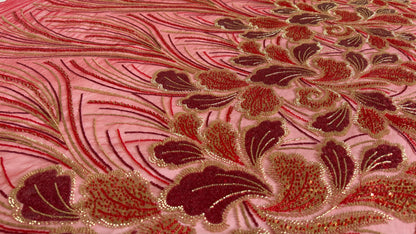 Luxury Beaded Fabric – Red with Gold Design - TumaCouture