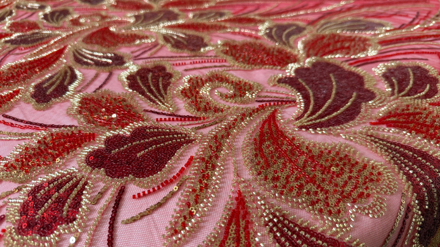Luxury Beaded Fabric – Red with Gold Design - TumaCouture