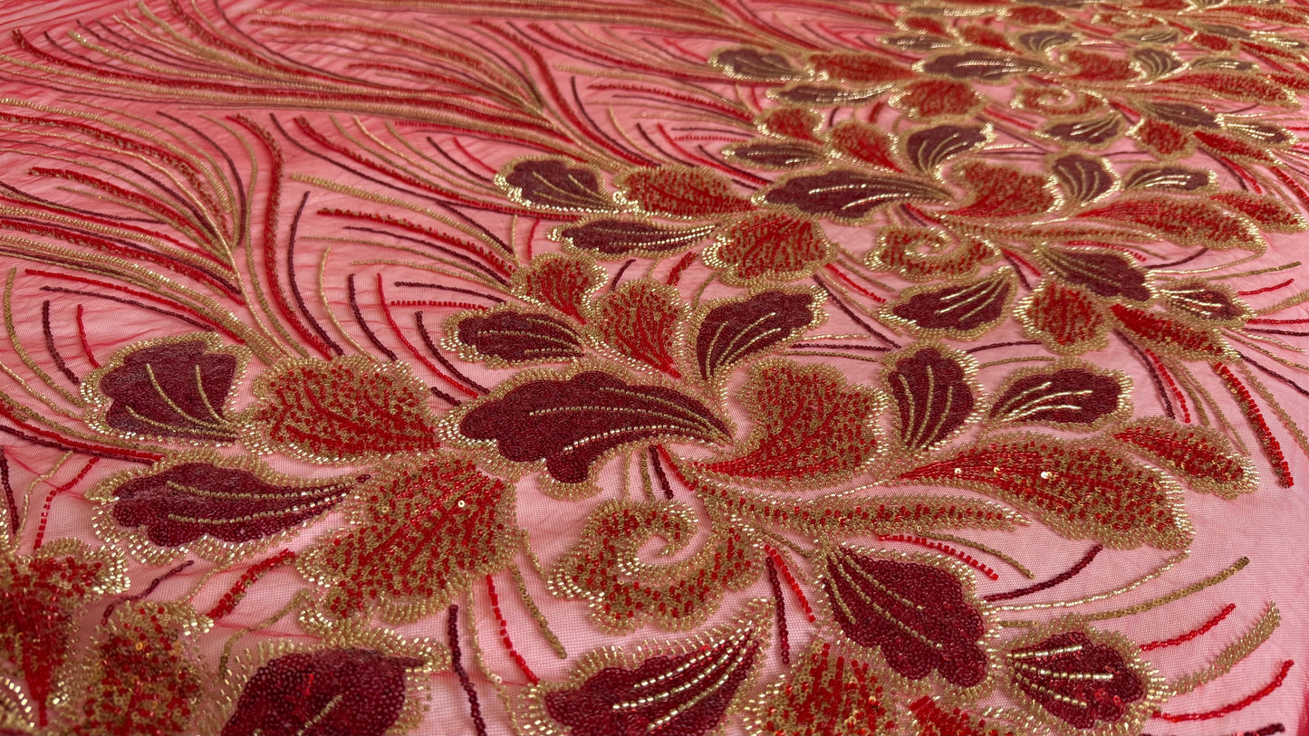 Luxury Beaded Fabric – Red with Gold Design - TumaCouture