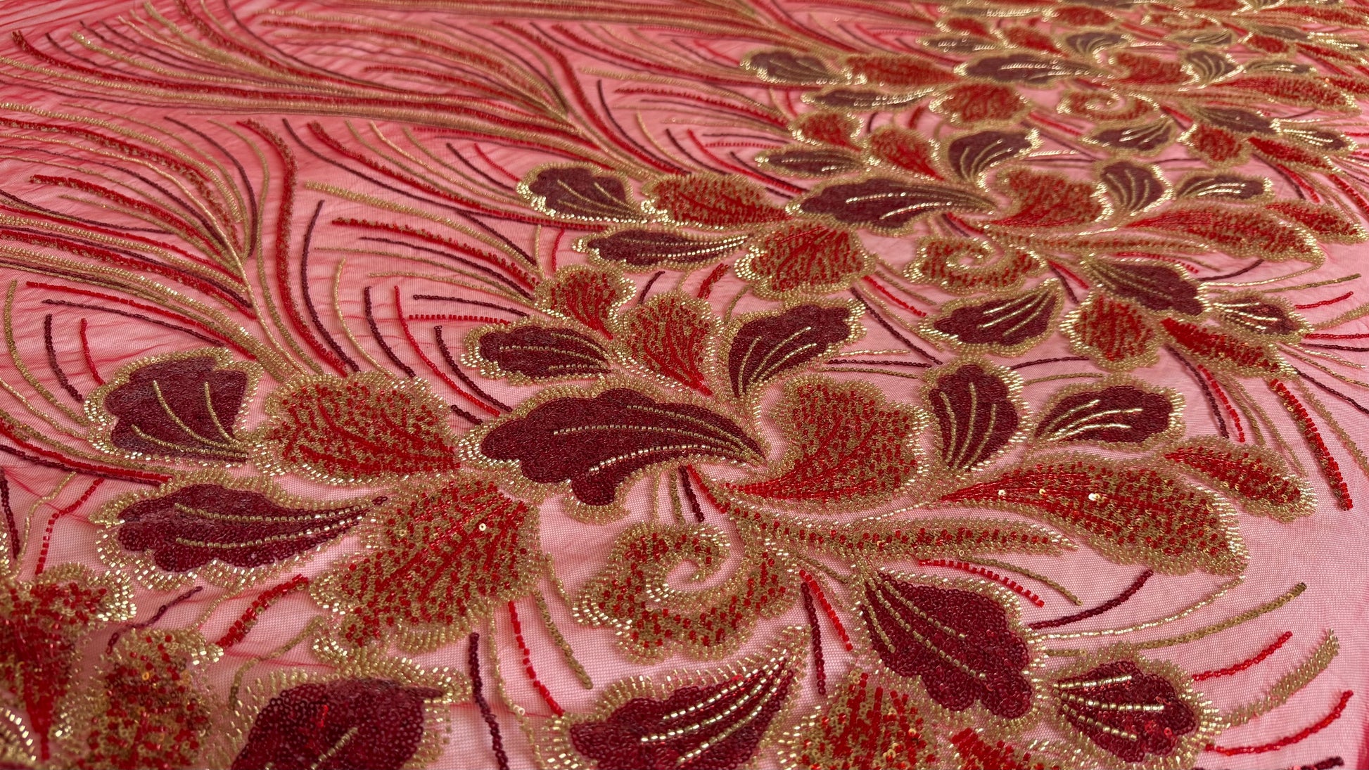 Luxury Beaded Fabric – Red with Gold Design - TumaCouture