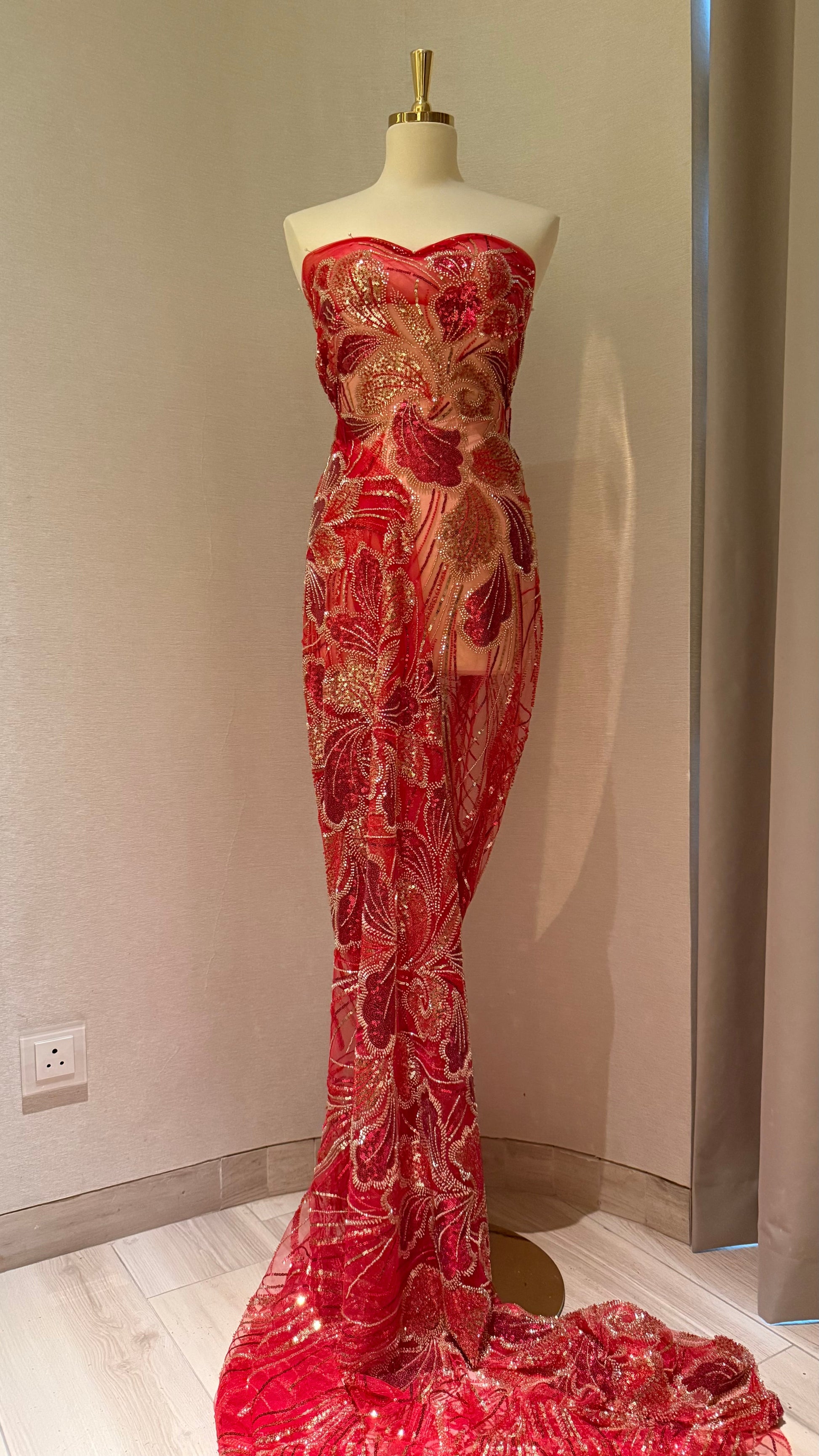 Luxury Beaded Fabric – Red with Gold Design - TumaCouture