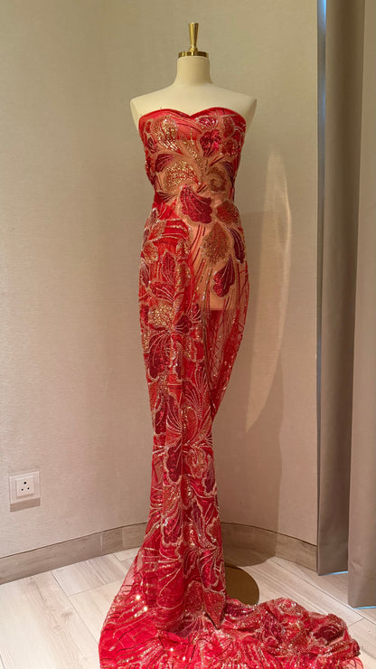 Luxury Beaded Fabric – Red with Gold Design - TumaCouture