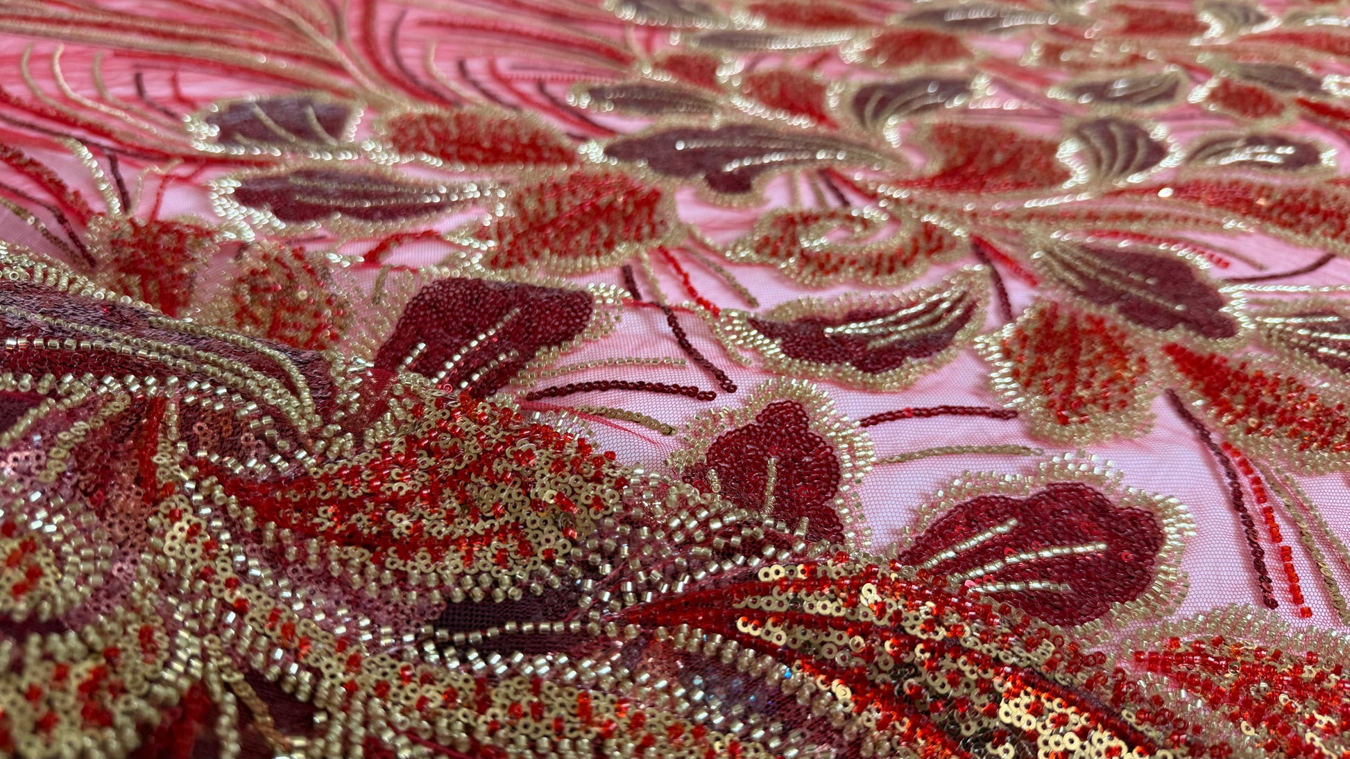 Luxury Beaded Fabric – Red with Gold Design - TumaCouture