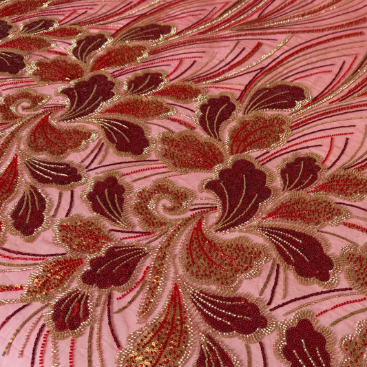 Luxury Beaded Fabric – Red with Gold Design - TumaCouture