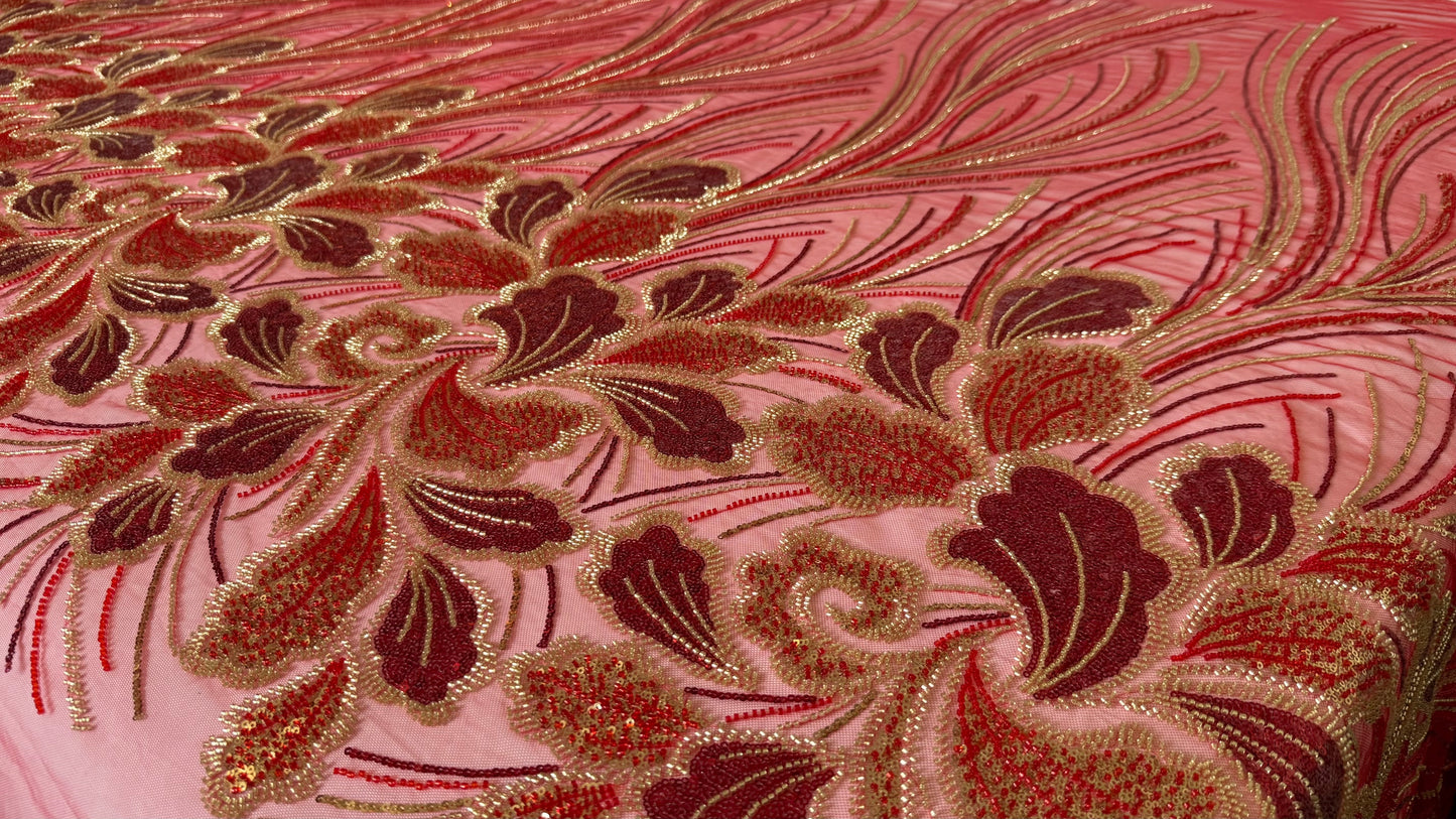 Luxury Beaded Fabric – Red with Gold Design - TumaCouture