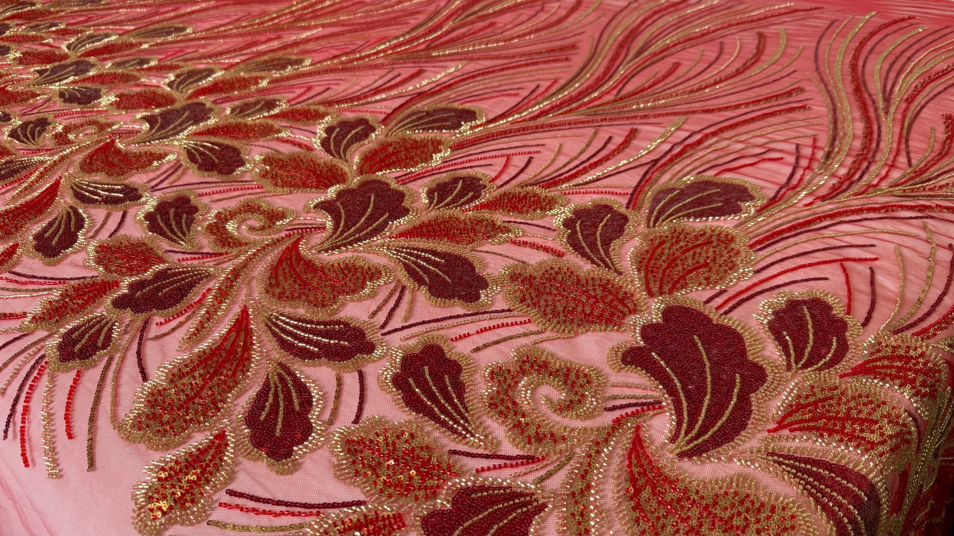 Luxury Beaded Fabric – Red with Gold Design - TumaCouture