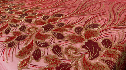 Luxury Beaded Fabric – Red with Gold Design - TumaCouture