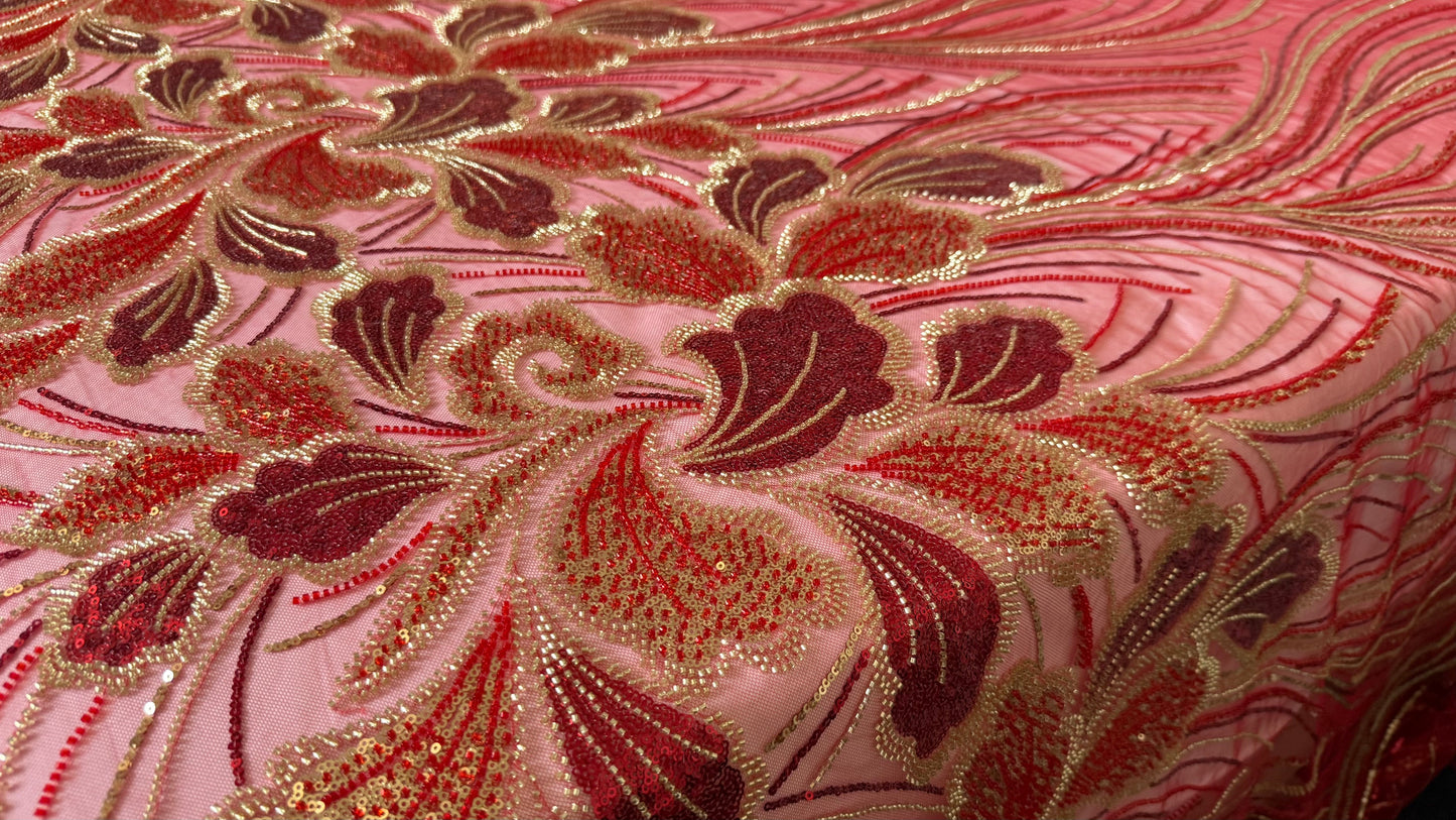Luxury Beaded Fabric – Red with Gold Design - TumaCouture