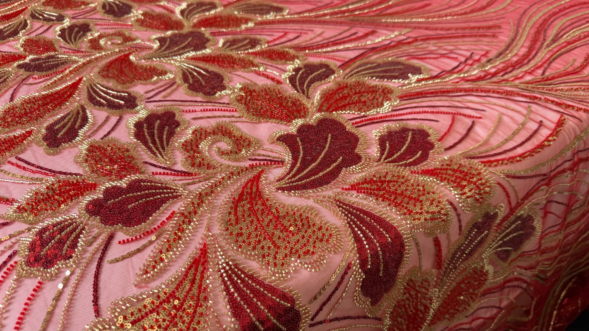Luxury Beaded Fabric – Red with Gold Design - TumaCouture