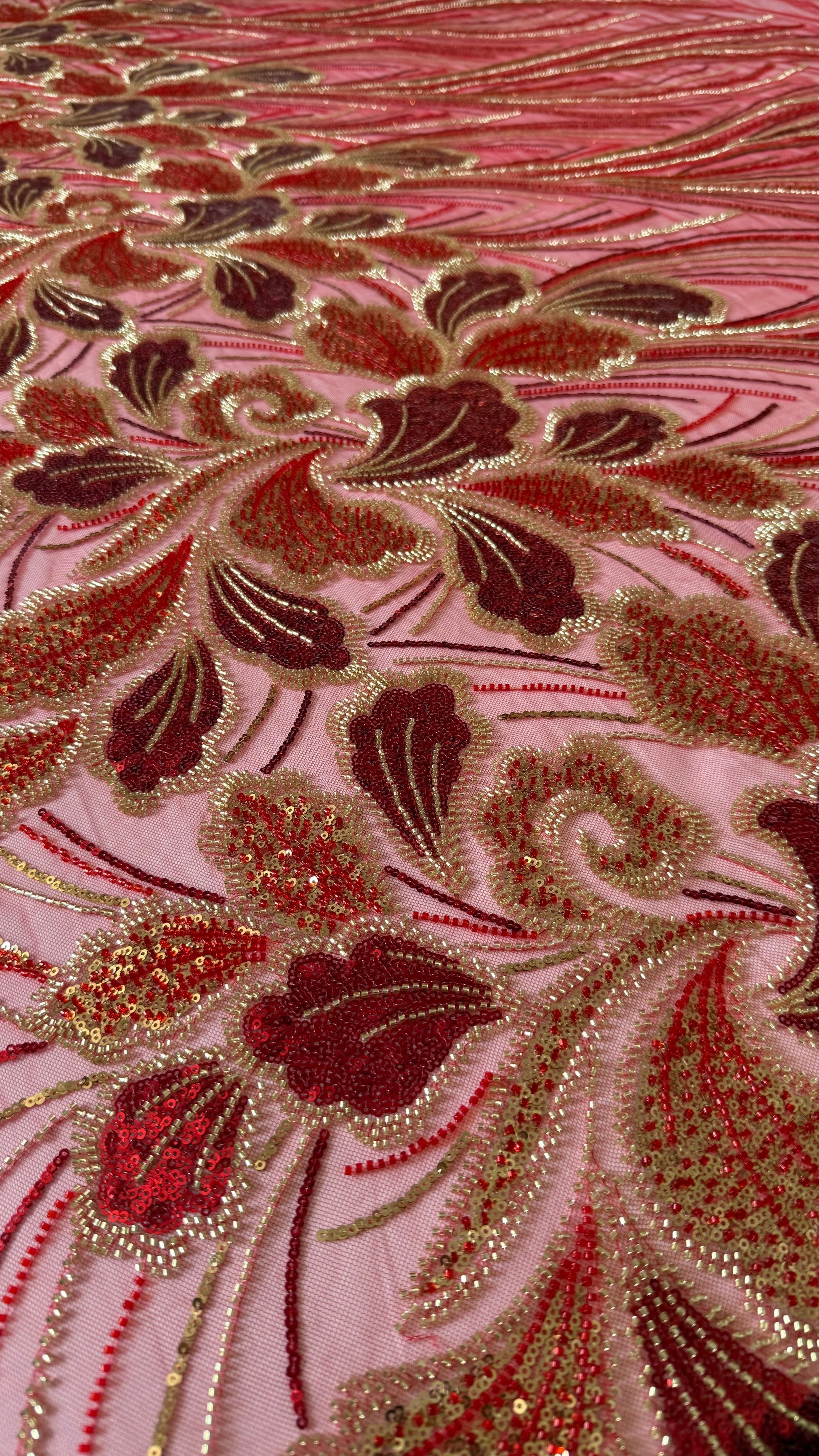 Luxury Beaded Fabric – Red with Gold Design - TumaCouture