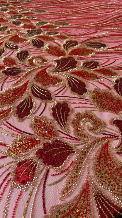 Luxury Beaded Fabric – Red with Gold Design - TumaCouture