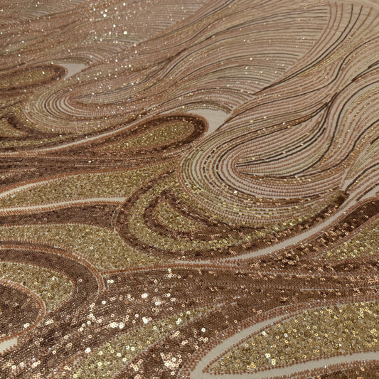 Premium Luxury Beaded Fabric – Beige & Gold Embellishments - TumaCouture