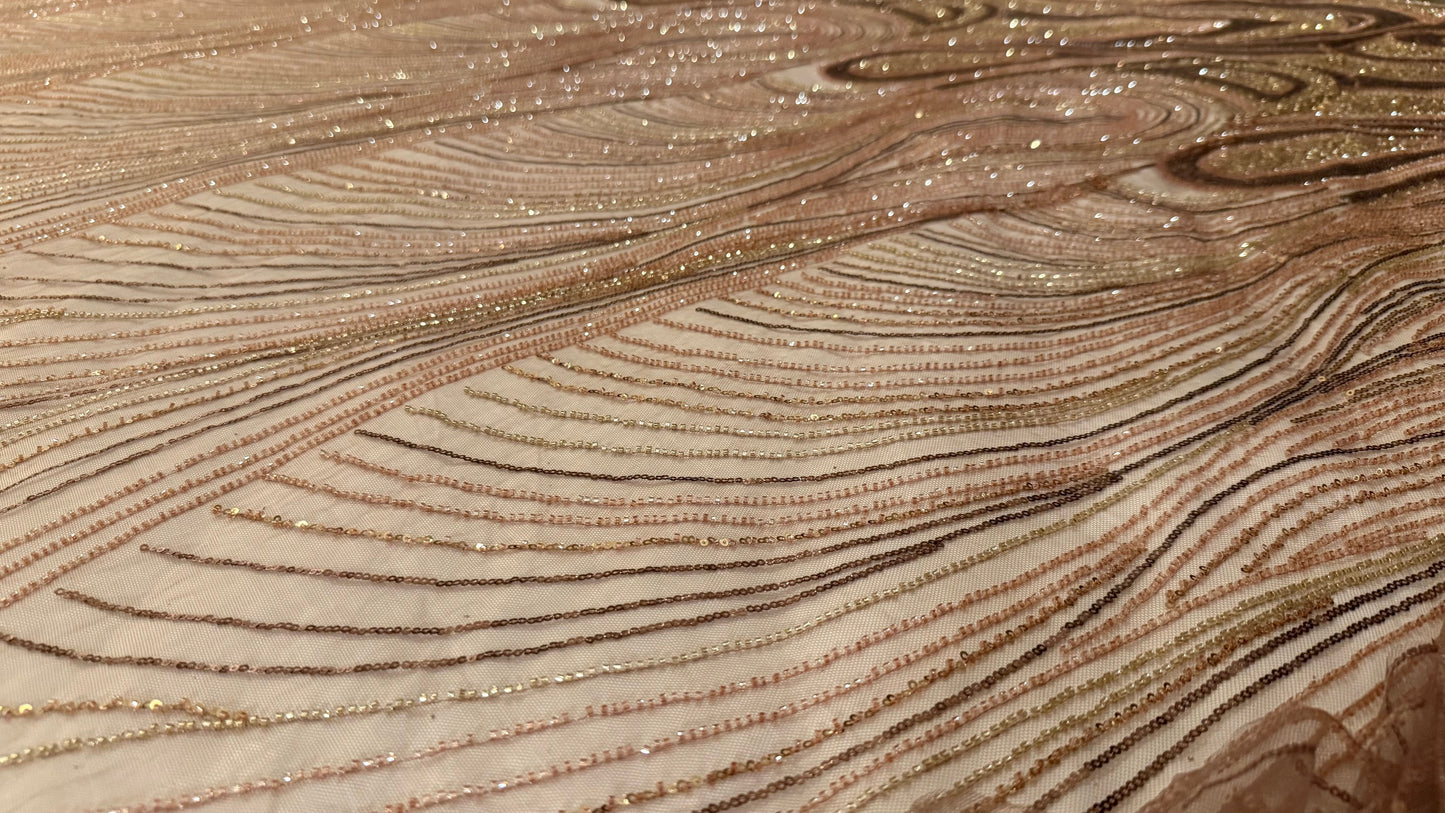 Premium Luxury Beaded Fabric – Beige & Gold Embellishments - TumaCouture