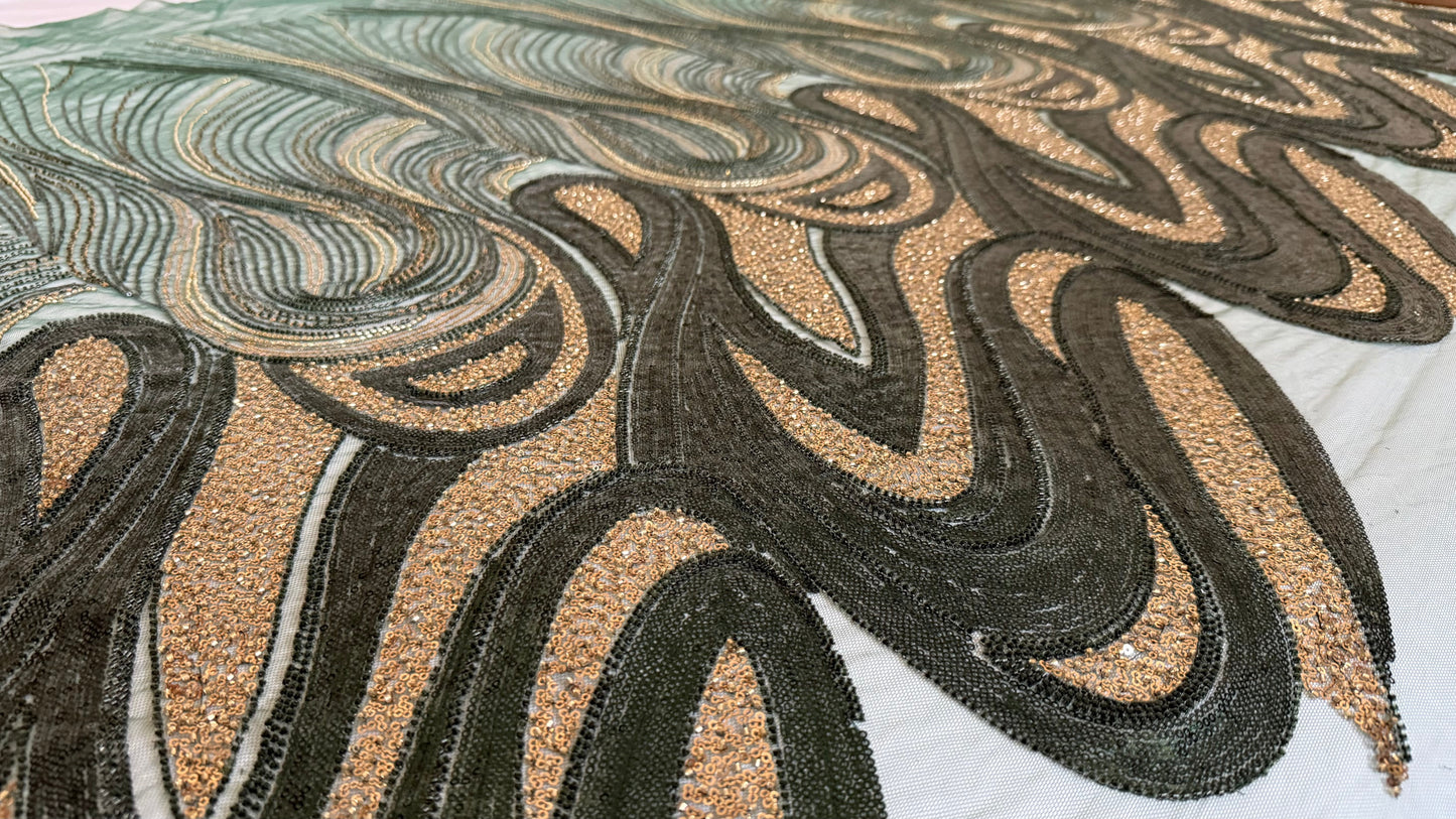 Premium Luxury Beaded Fabric - Dark Green & Gold Detailing - TumaCouture