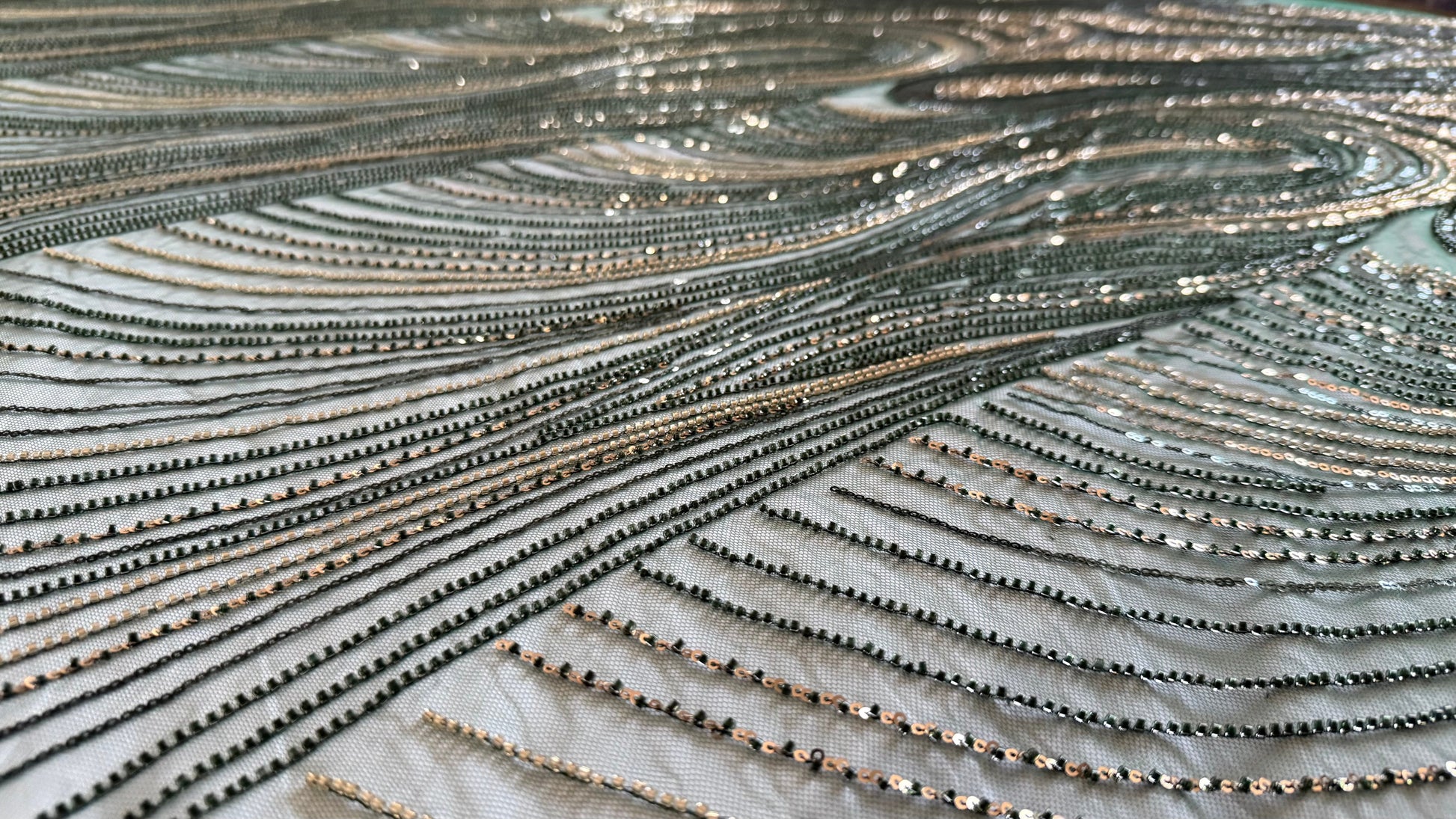 Premium Luxury Beaded Fabric - Dark Green & Gold Detailing - TumaCouture
