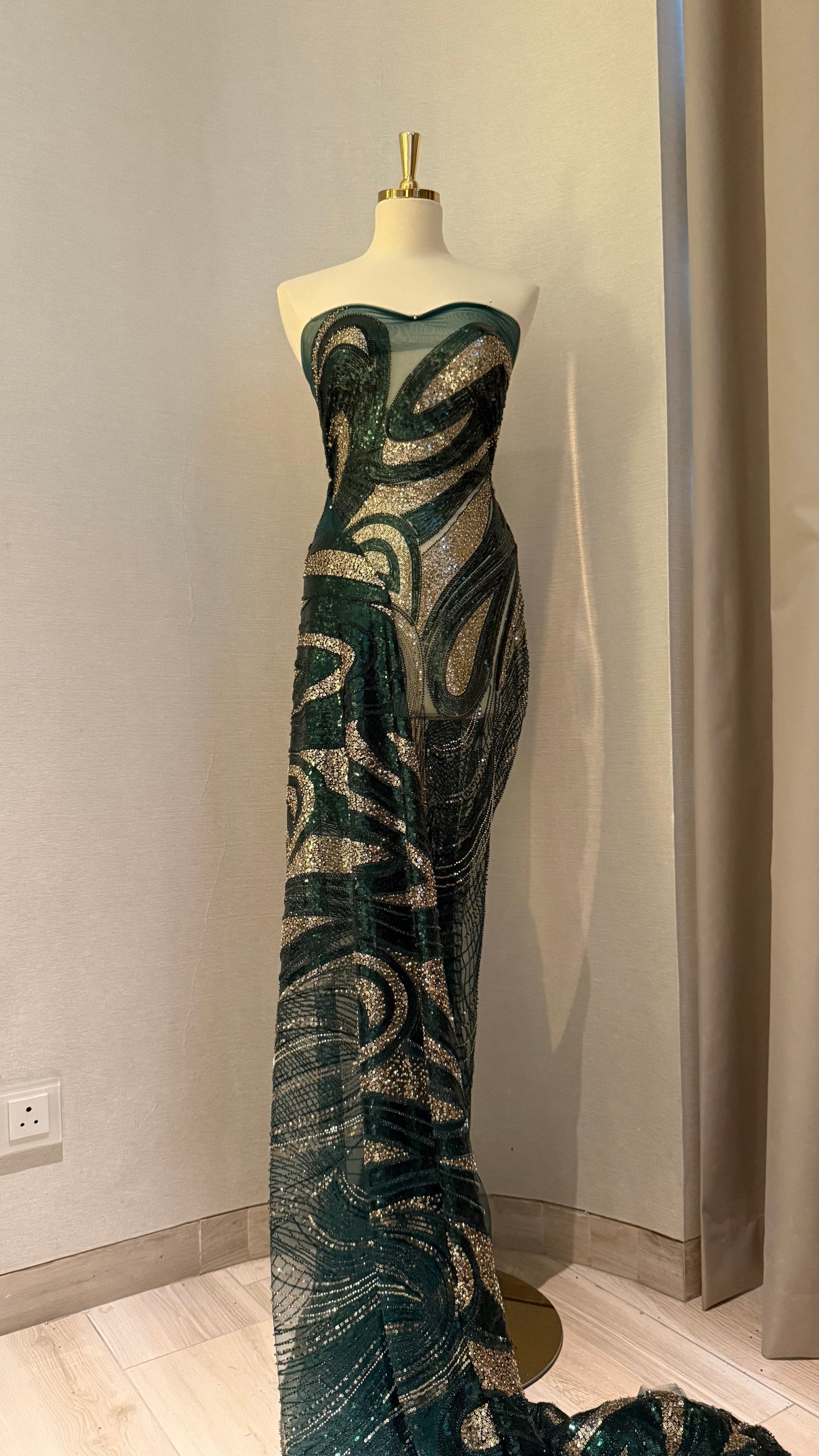 Premium Luxury Beaded Fabric - Dark Green & Gold Detailing - TumaCouture
