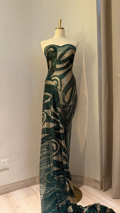 Premium Luxury Beaded Fabric - Dark Green & Gold Detailing - TumaCouture