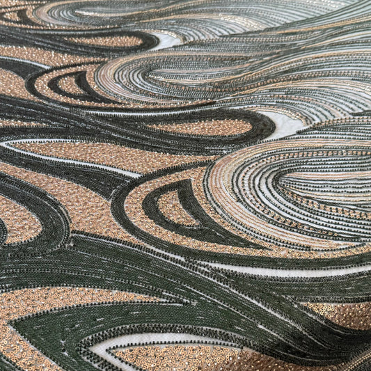 Premium Luxury Beaded Fabric - Dark Green & Gold Detailing - TumaCouture