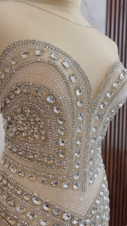 Bridal Beige Fabric, Wedding and Prom Wear, Embroidered Tulle, Rhinestone and Crystal