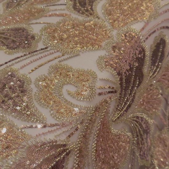 Elegant Beaded Fabric Beige Base with Gold Stripes TumaCouture