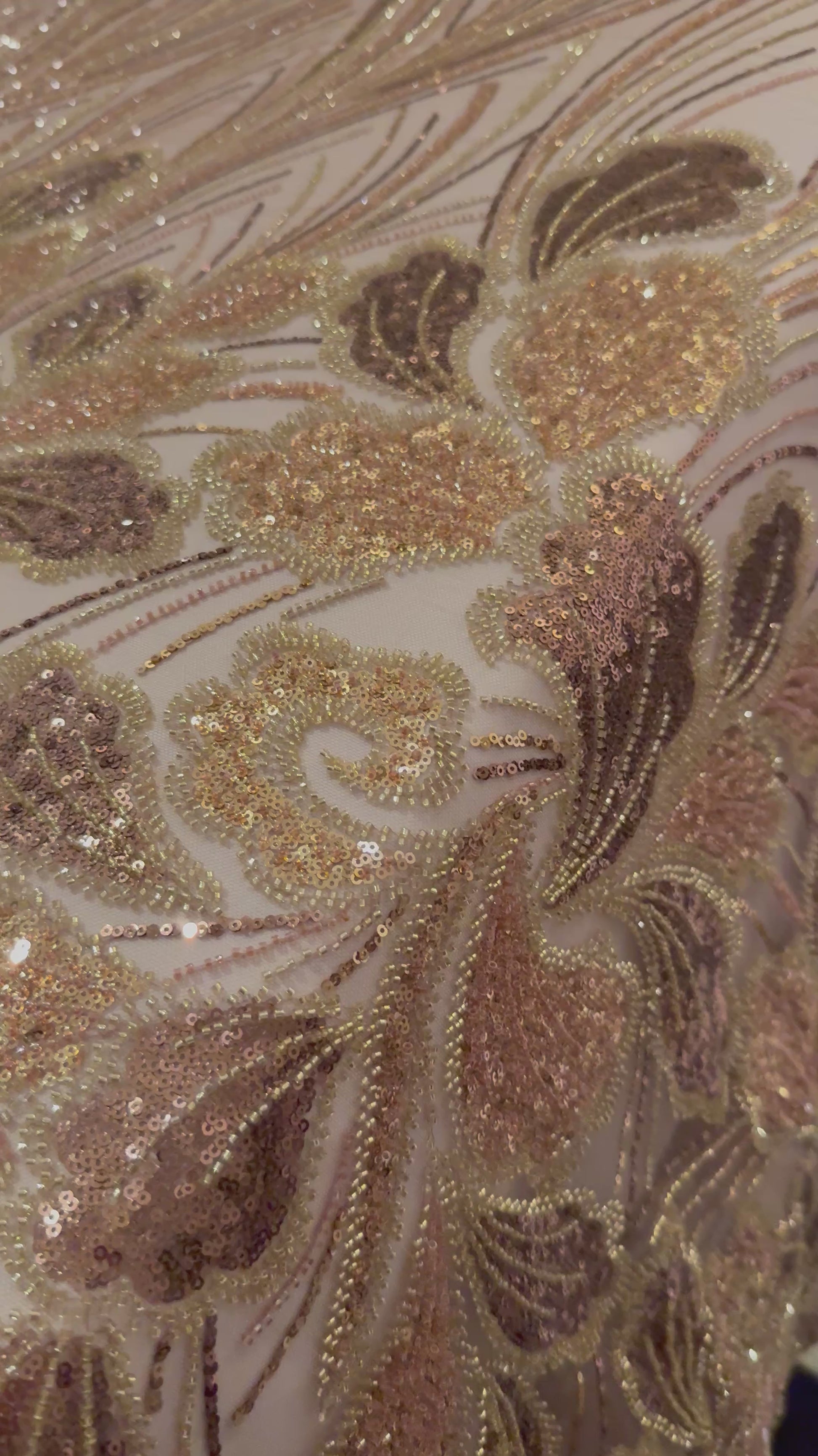  Elegant Beaded Fabric Beige Base with Gold Stripes TumaCouture