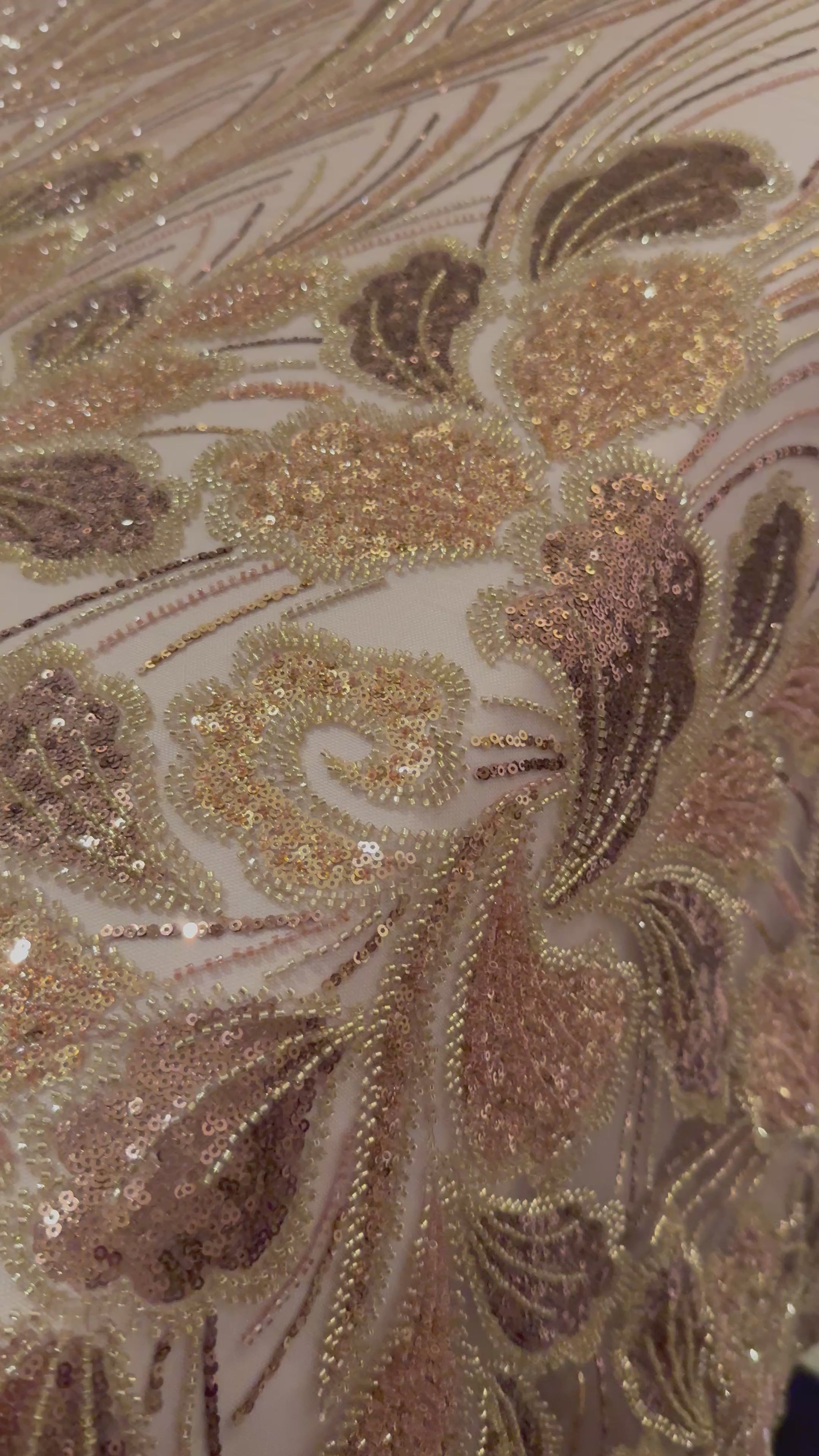  Elegant Beaded Fabric Beige Base with Gold Stripes TumaCouture