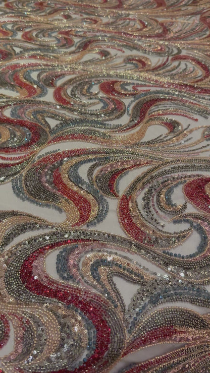 High-Quality Luxury Beaded Fabric with Multicolour Patterns TumaCouture