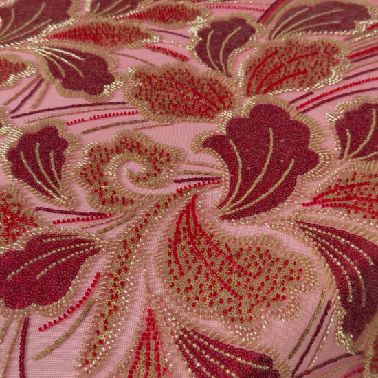 Luxury Beaded Fabric – Red with Gold Design TumaCouture