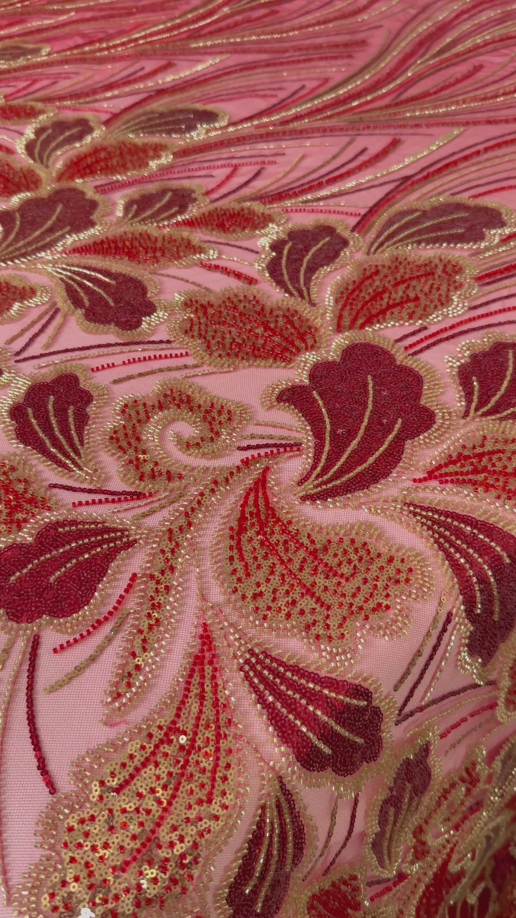 Luxury Beaded Fabric – Red with Gold Design TumaCouture